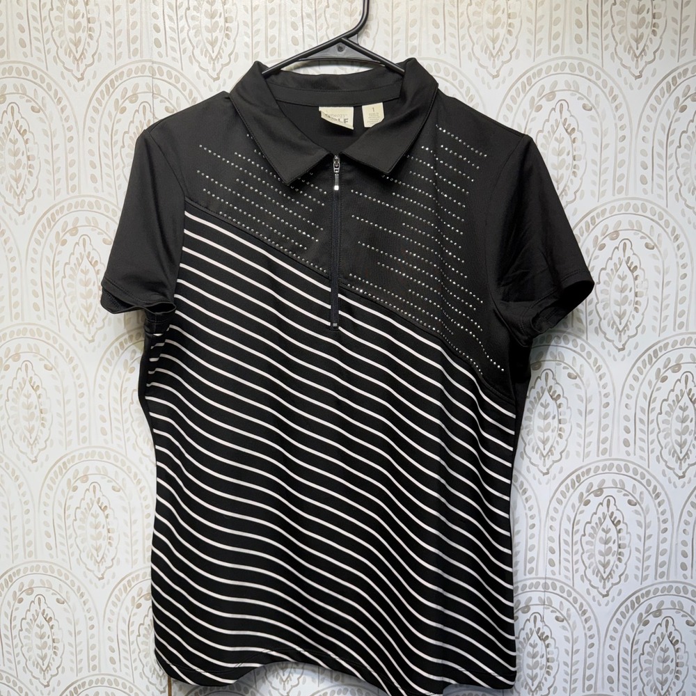 Chico's Zenergy Golf Polo Shirt Womens 1 M Black Striped Rhinestone Zip Top